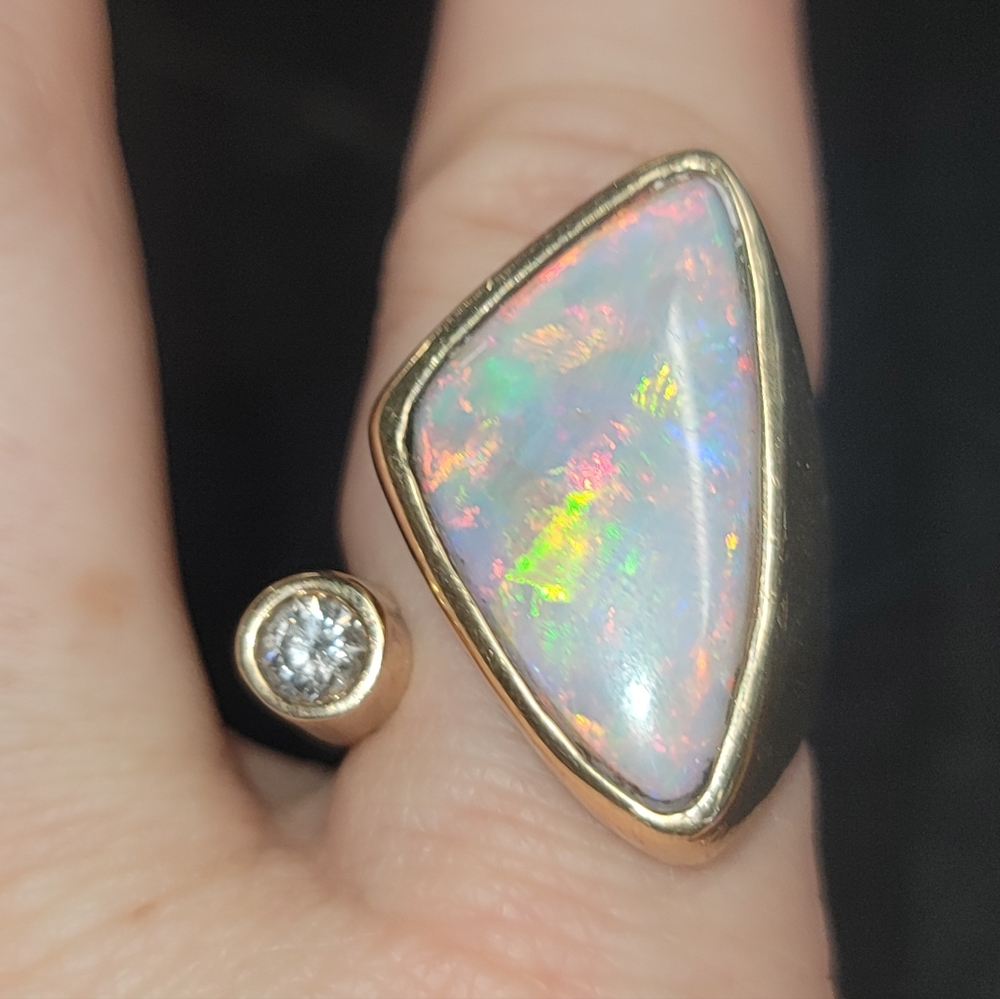 14K Gold Opal and Diamond Statement Ring - White Opal